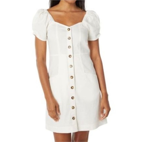 NWT Madewell Linen Blend White Puff Sleeve Mini Dress Size 14 - Picture 1 of 13